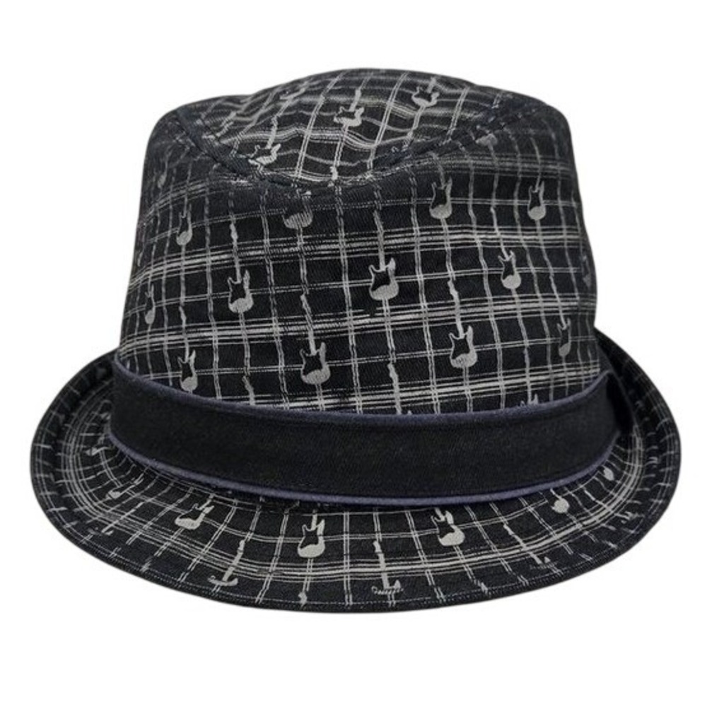 Fender Electric Guitar Pattern Fedora Hat Black Plaid Trilby Musician Y2K Mens